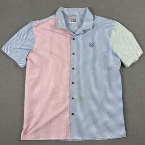 Party Pants Shirt Mens Medium Blue Pink Stripe Colorblock Short Sleeve Button
